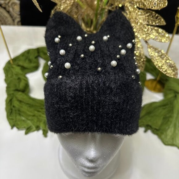 Fuzzy Black Knit Cat Ear Beanie with Pearls – Cute Winter Hat Women’s Warm Soft - Picture 5 of 6